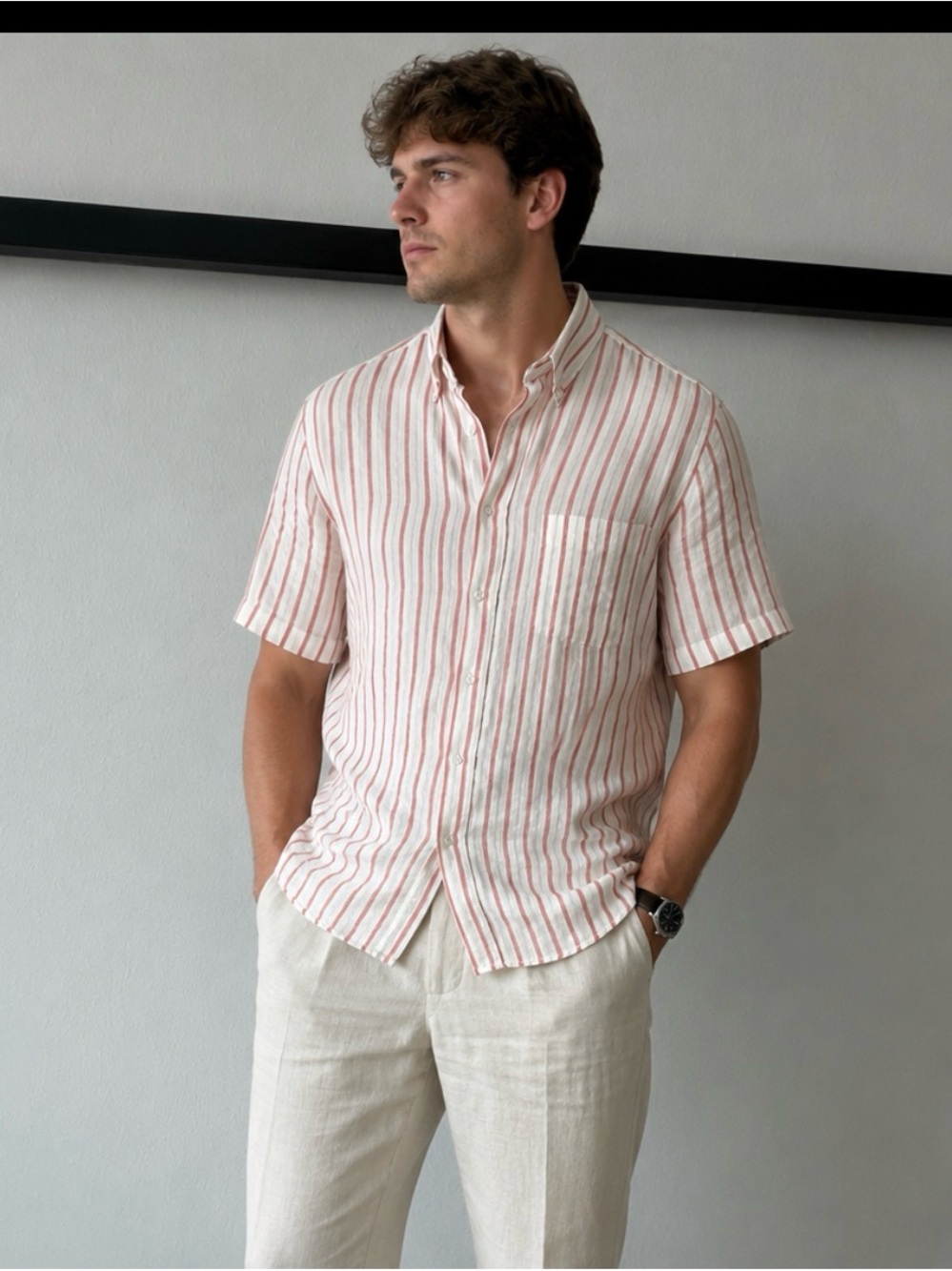 Short-Sleeve‎ Linen Button-Down Shirt in Pink Stripe